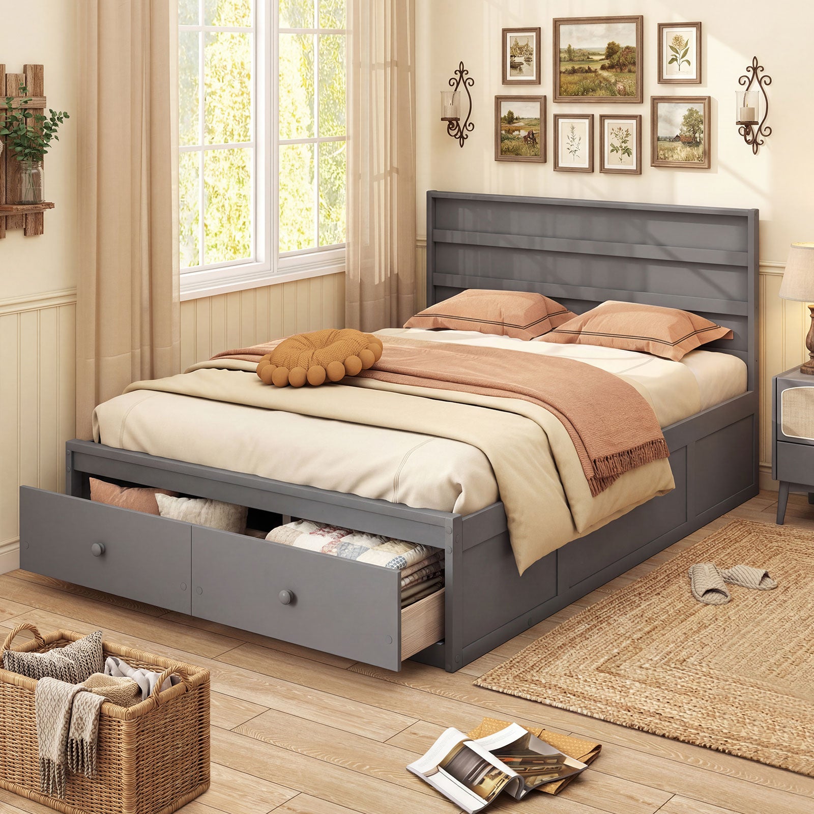 Full Size Wooden Platform Bed with Storage Drawers, Gray Simple Bed Frame at Gallery Canada