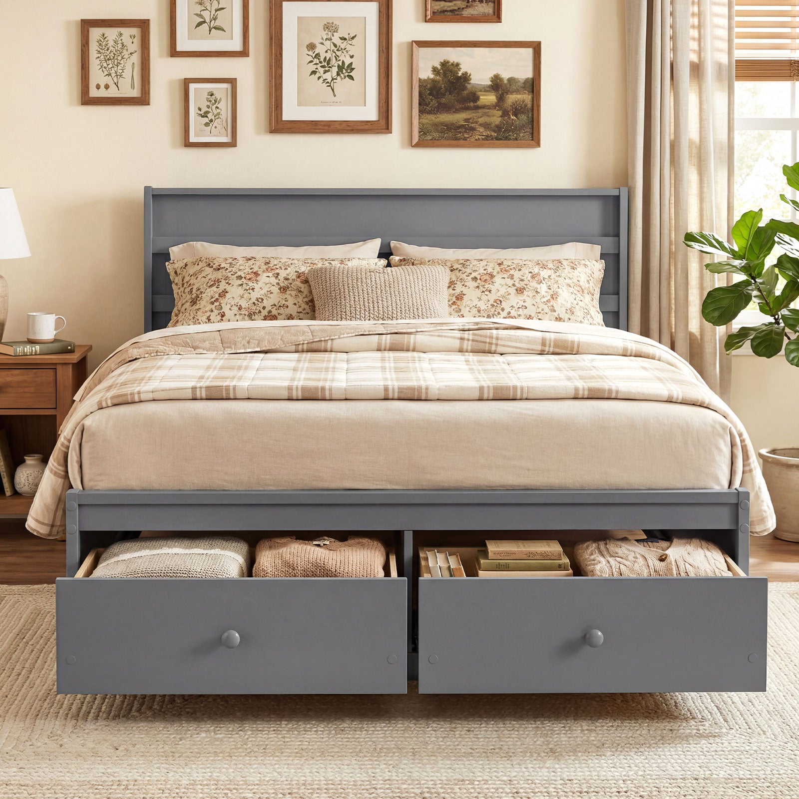 Full Size Wooden Platform Bed with Storage Drawers, Gray Simple Bed Frame at Gallery Canada