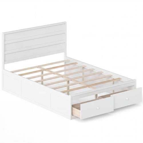 Full Size Wooden Platform Bed With Storage Drawers, White