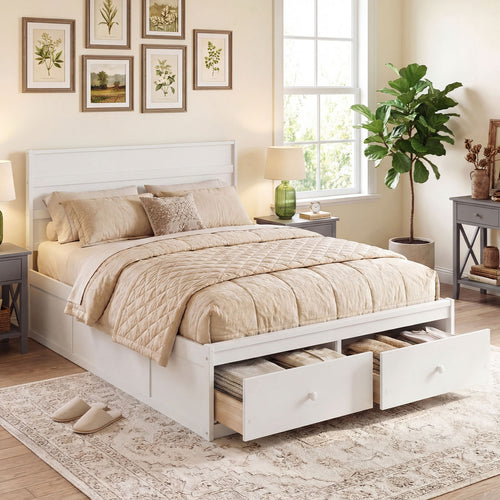 Full Size Wooden Platform Bed With Storage Drawers, White