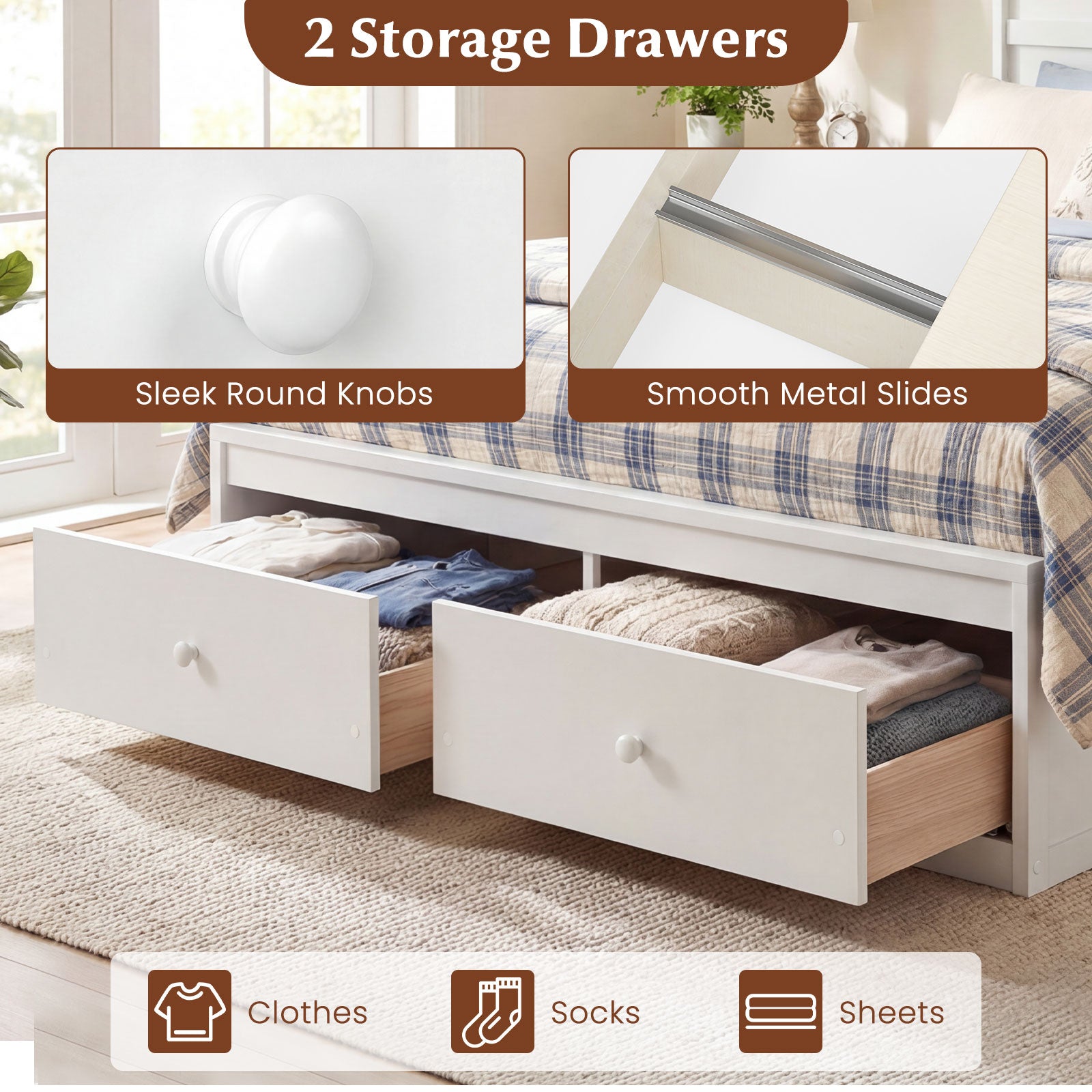Full Size Wooden Platform Bed With Storage Drawers, White Simple Bed Frame at Gallery Canada