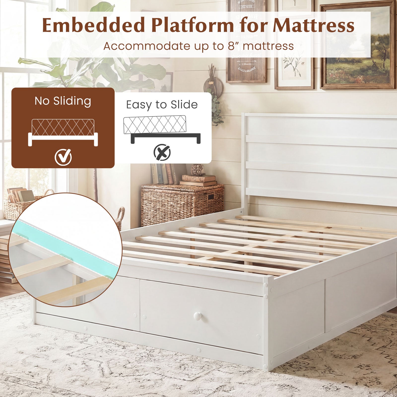 Full Size Wooden Platform Bed With Storage Drawers, White Simple Bed Frame at Gallery Canada
