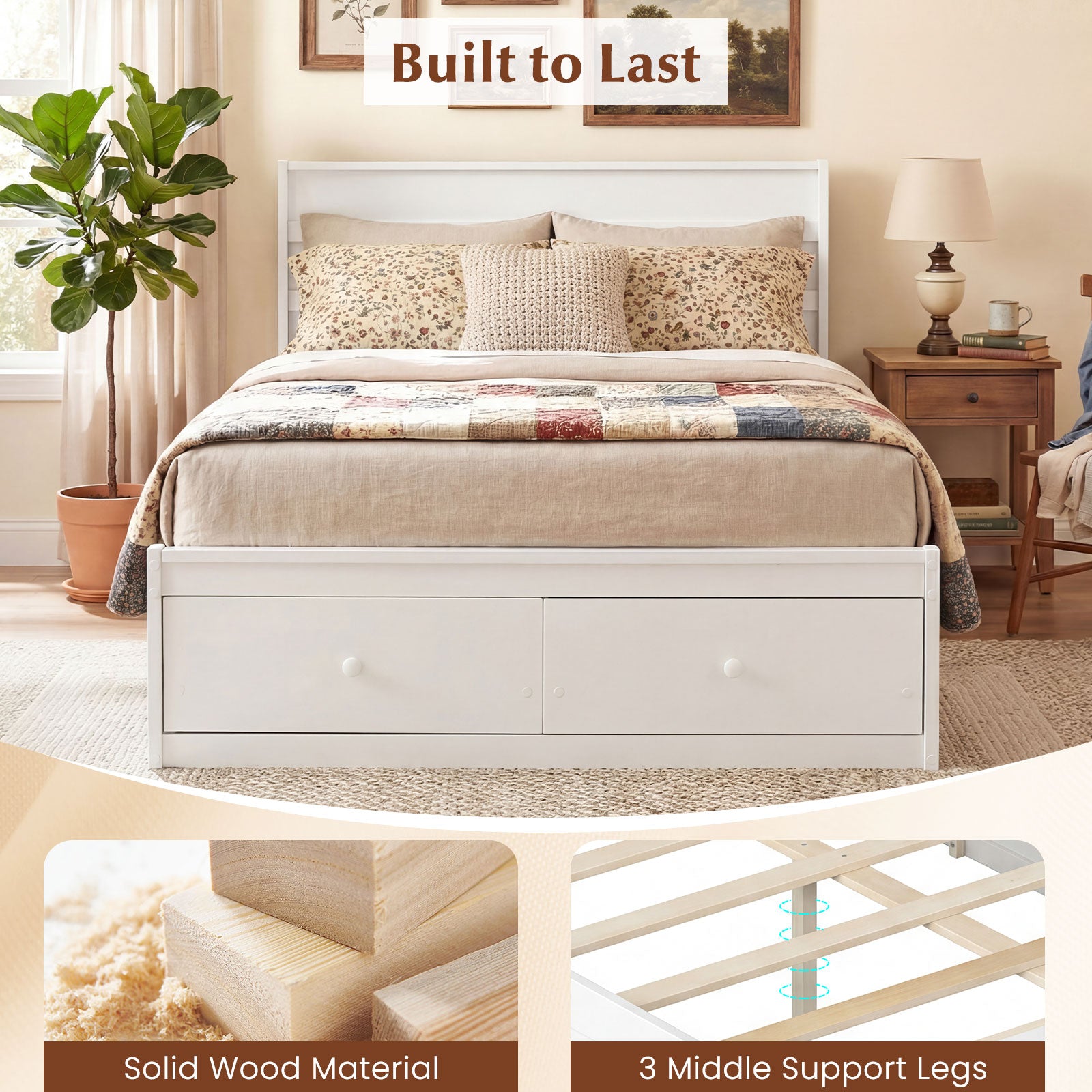 Full Size Wooden Platform Bed With Storage Drawers, White Simple Bed Frame at Gallery Canada