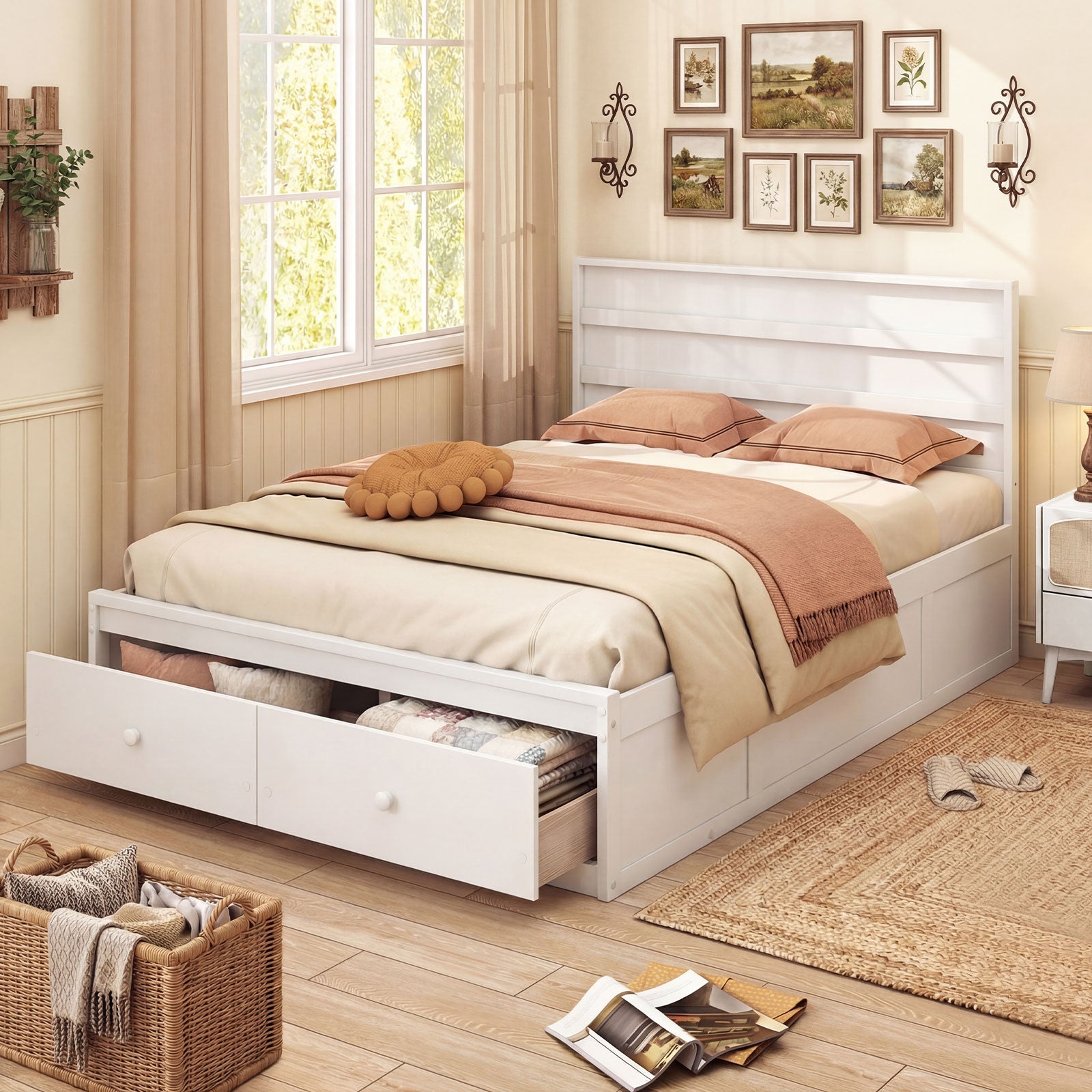 Full Size Wooden Platform Bed With Storage Drawers, White Simple Bed Frame at Gallery Canada