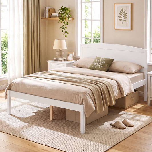 Full Size Wooden Platform Bed, Curved Headboard, White Beds & Bed Frames White at Gallery Canada
