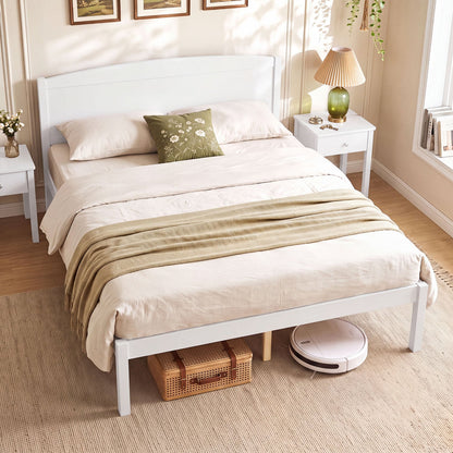 Full Size Wooden Platform Bed, Curved Headboard, White