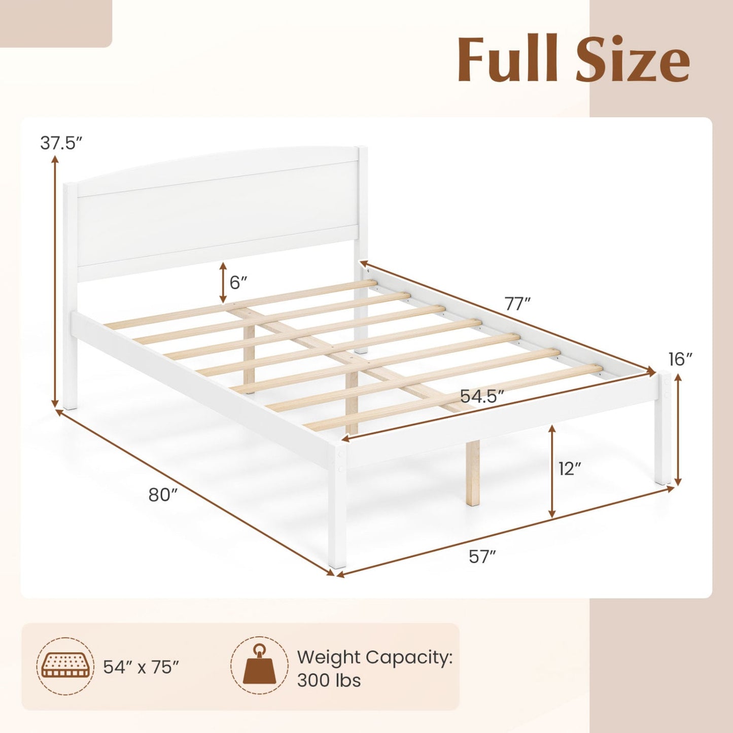 Full Size Wooden Platform Bed, Curved Headboard, White