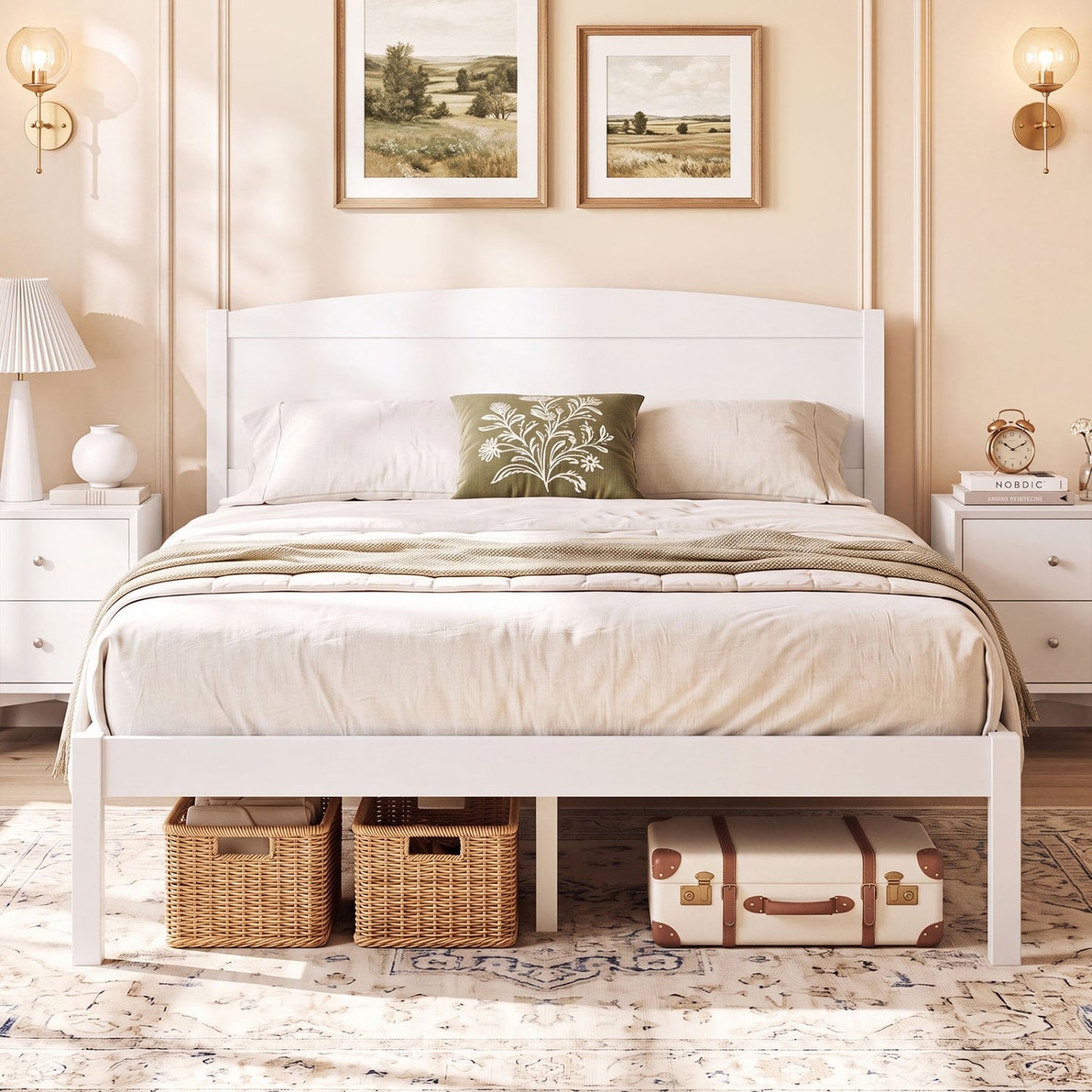 Full Size Wooden Platform Bed, Curved Headboard, White