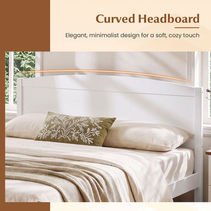 Full Size Wooden Platform Bed, Curved Headboard, White