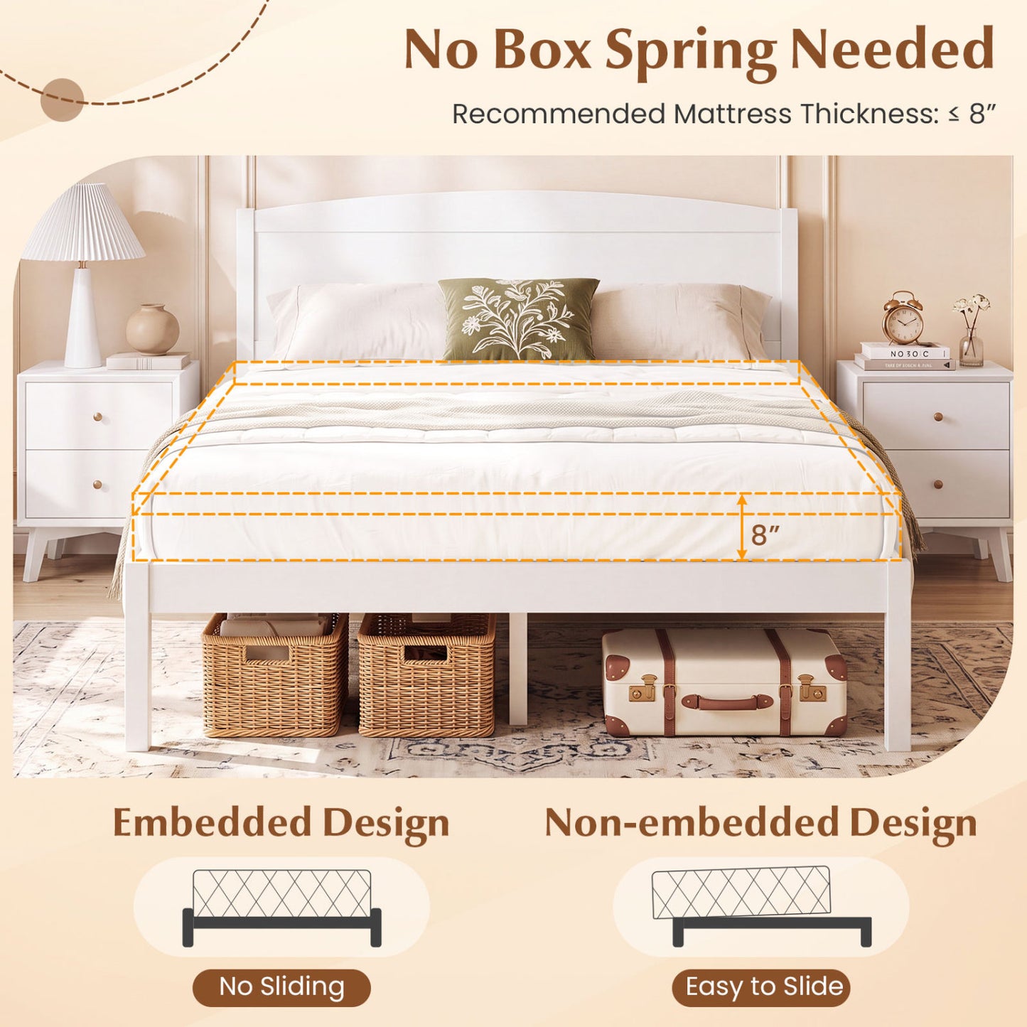 Full Size Wooden Platform Bed, Curved Headboard, White