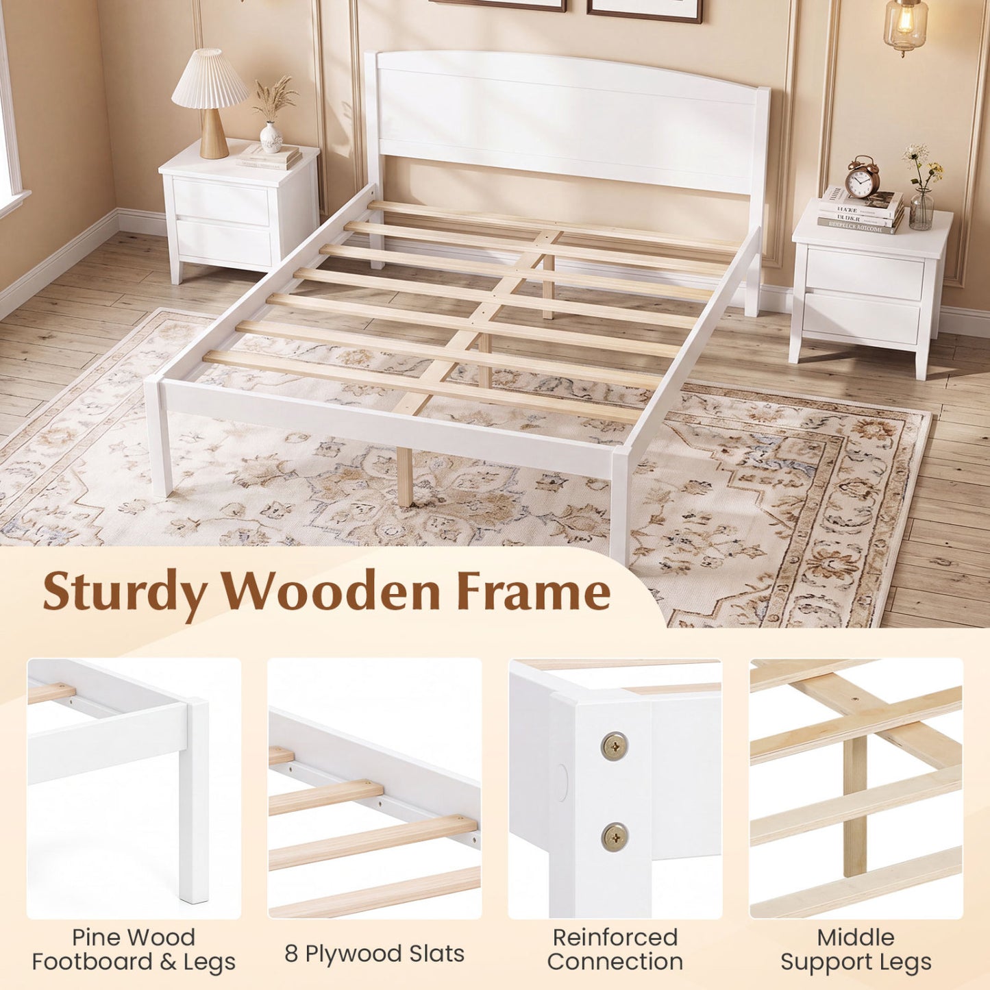 Full Size Wooden Platform Bed, Curved Headboard, White