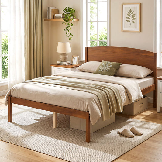 Full Size Wooden Platform Bed Frame, Curved Headboard, Walnut Beds & Bed Frames Walnut at Gallery Canada