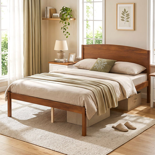 Full Size Wooden Platform Bed Frame, Curved Headboard, Walnut