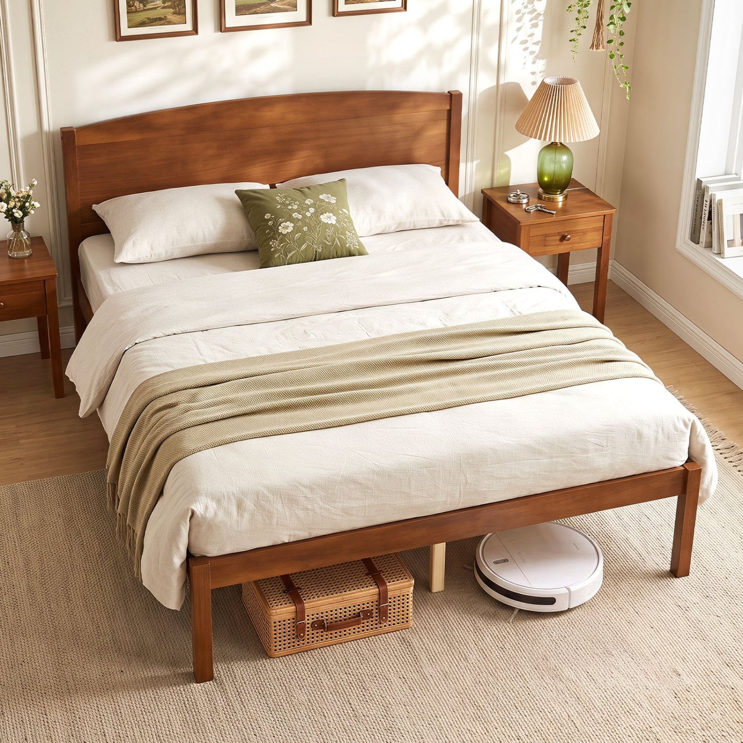 Full Size Wooden Platform Bed Frame, Curved Headboard, Walnut
