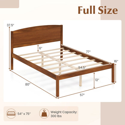 Full Size Wooden Platform Bed Frame, Curved Headboard, Walnut
