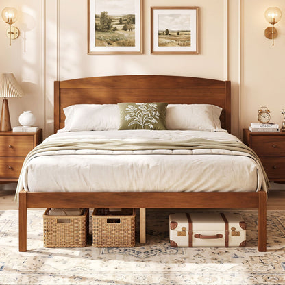 Full Size Wooden Platform Bed Frame, Curved Headboard, Walnut