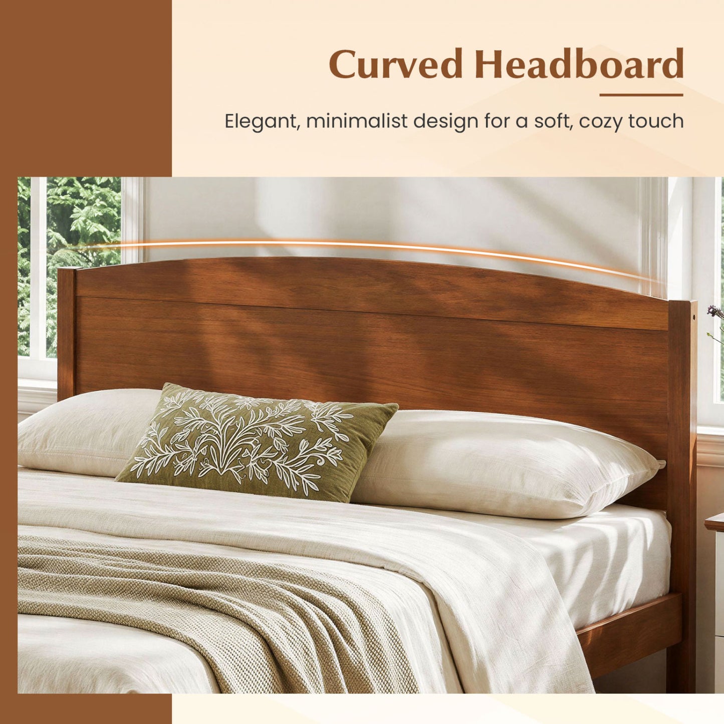 Full Size Wooden Platform Bed Frame, Curved Headboard, Walnut
