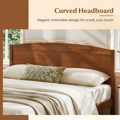 Full Size Wooden Platform Bed Frame, Curved Headboard, Walnut