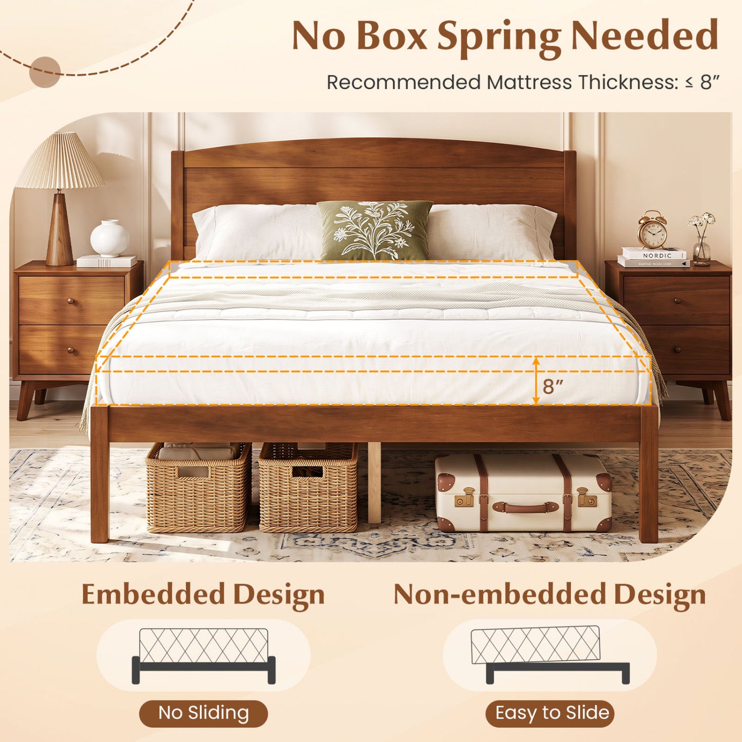Full Size Wooden Platform Bed Frame, Curved Headboard, Walnut