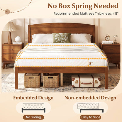Full Size Wooden Platform Bed Frame, Curved Headboard, Walnut