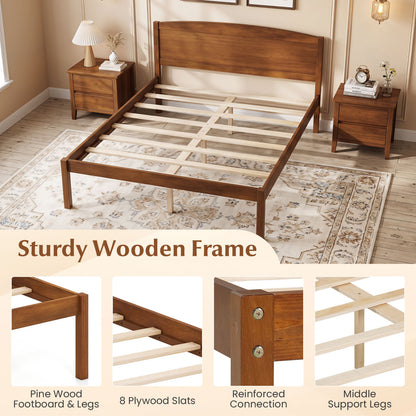 Full Size Wooden Platform Bed Frame, Curved Headboard, Walnut