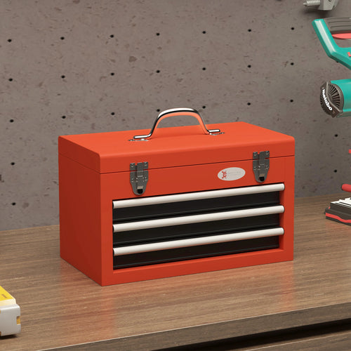 3 Drawer Tool Chest, Metal Latch Closure, Portable Tool Box, Red