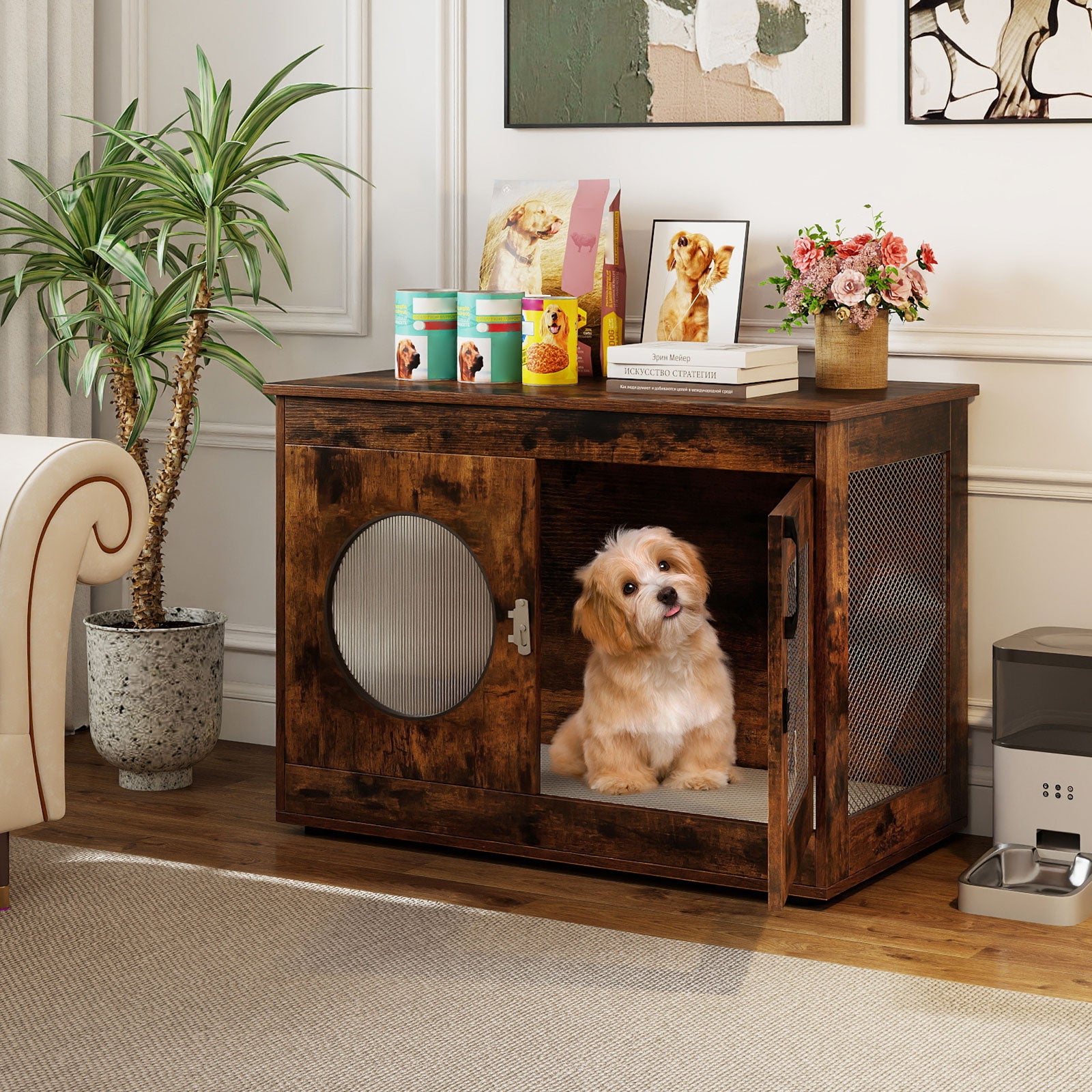 Furniture Style Dog Crate for Small and Medium Dogs with Translucent Window and Lockable Door, Rustic Brown Cat Houses at Gallery Canada