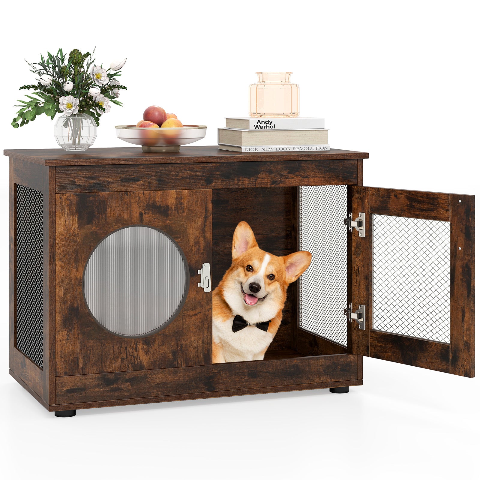 Furniture Style Dog Crate for Small and Medium Dogs with Translucent Window and Lockable Door, Rustic Brown Cat Houses Rustic Brown at Gallery Canada