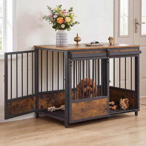 Furniture Dog Crate, 2 Doors, Safety Latch, Dog Mat, Rustic Brown