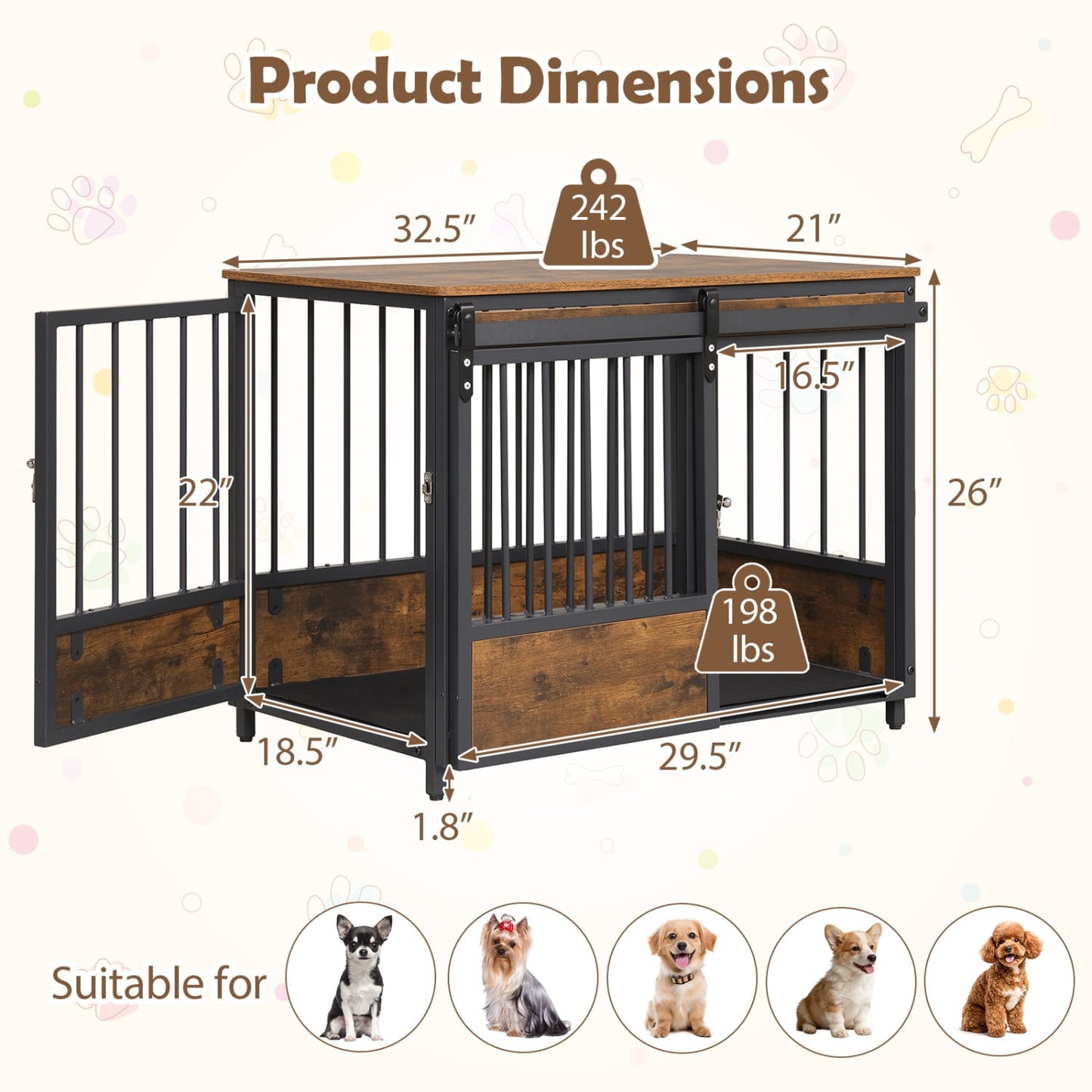 Furniture Dog Crate, 2 Doors, Safety Latch, Dog Mat, Rustic Brown