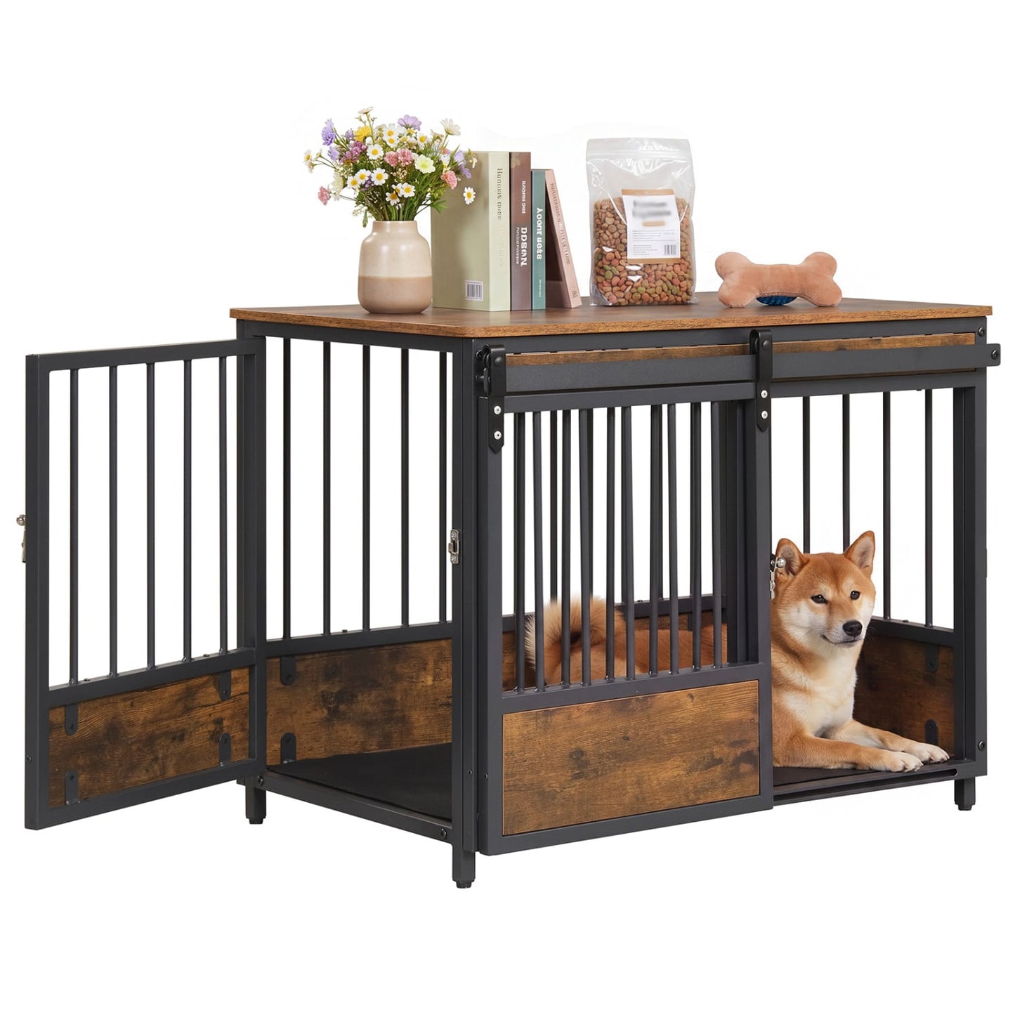 Furniture Dog Crate, 2 Doors, Safety Latch, Dog Mat, Rustic Brown