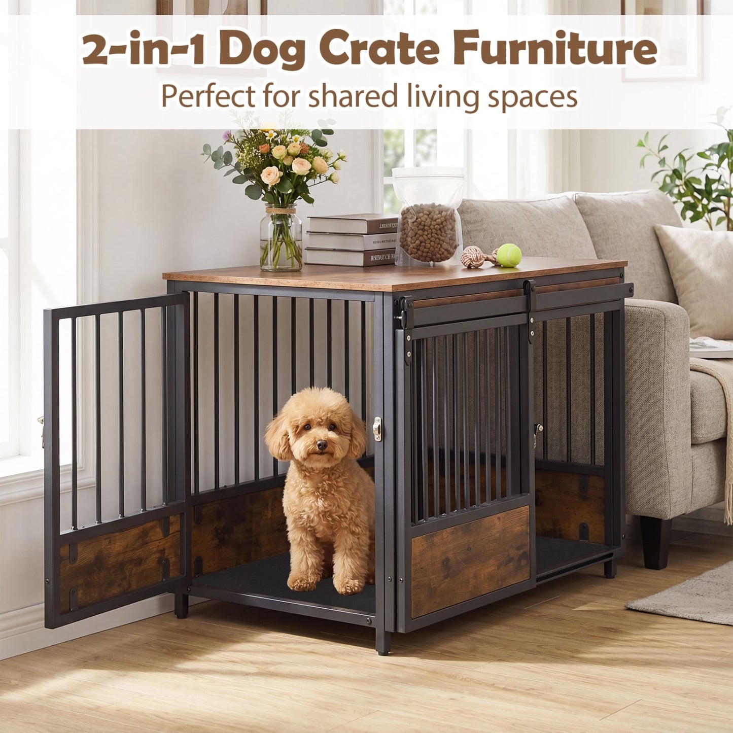 Furniture Dog Crate, 2 Doors, Safety Latch, Dog Mat, Rustic Brown