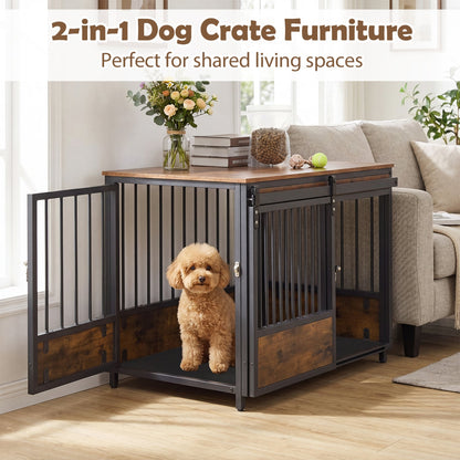 Furniture Dog Crate, 2 Doors, Safety Latch, Dog Mat, Rustic Brown