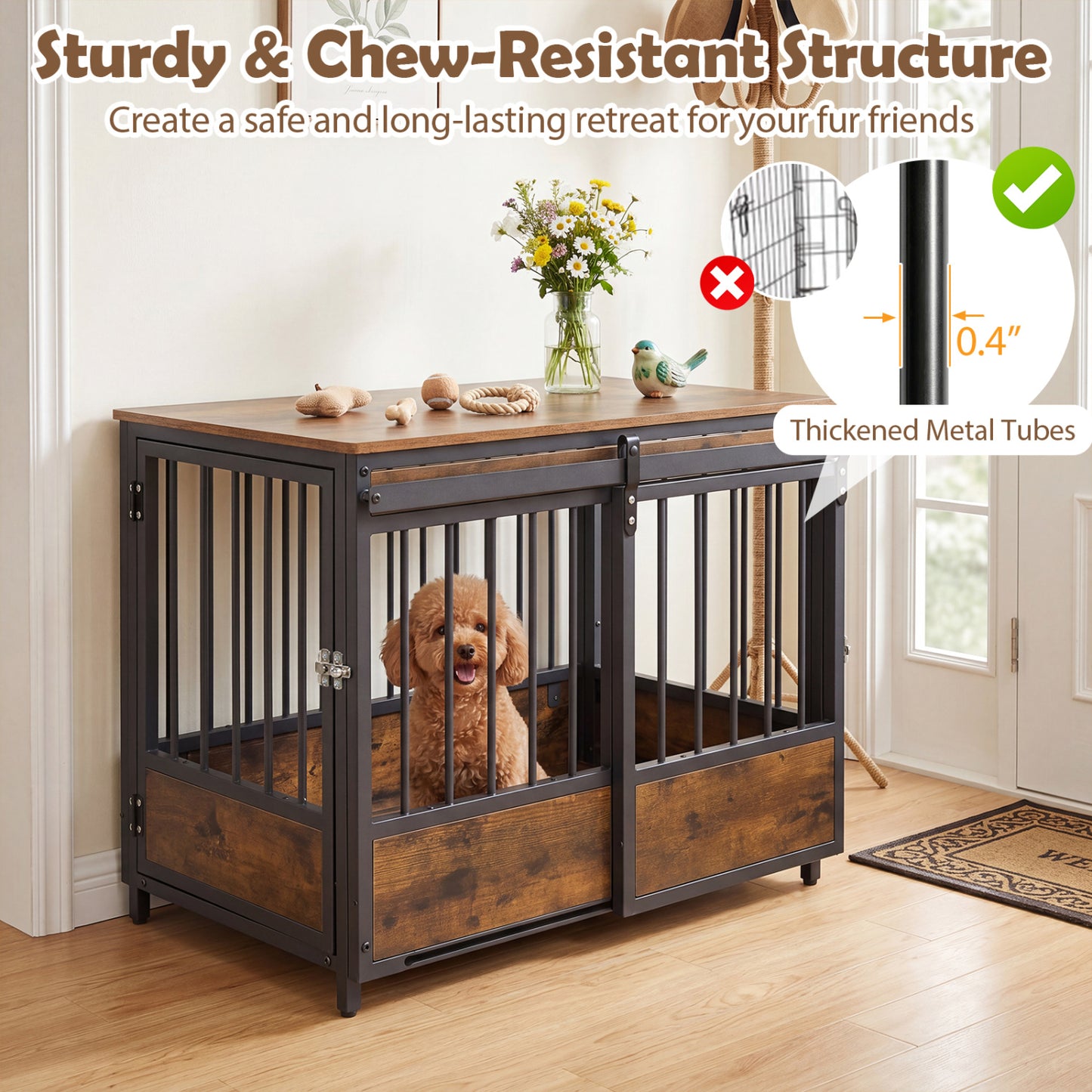 Furniture Dog Crate, 2 Doors, Safety Latch, Dog Mat, Rustic Brown