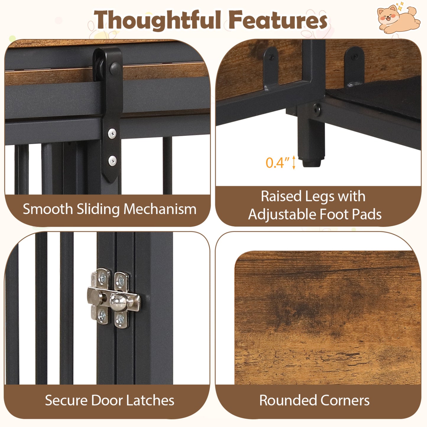 Furniture Dog Crate, 2 Doors, Safety Latch, Dog Mat, Rustic Brown