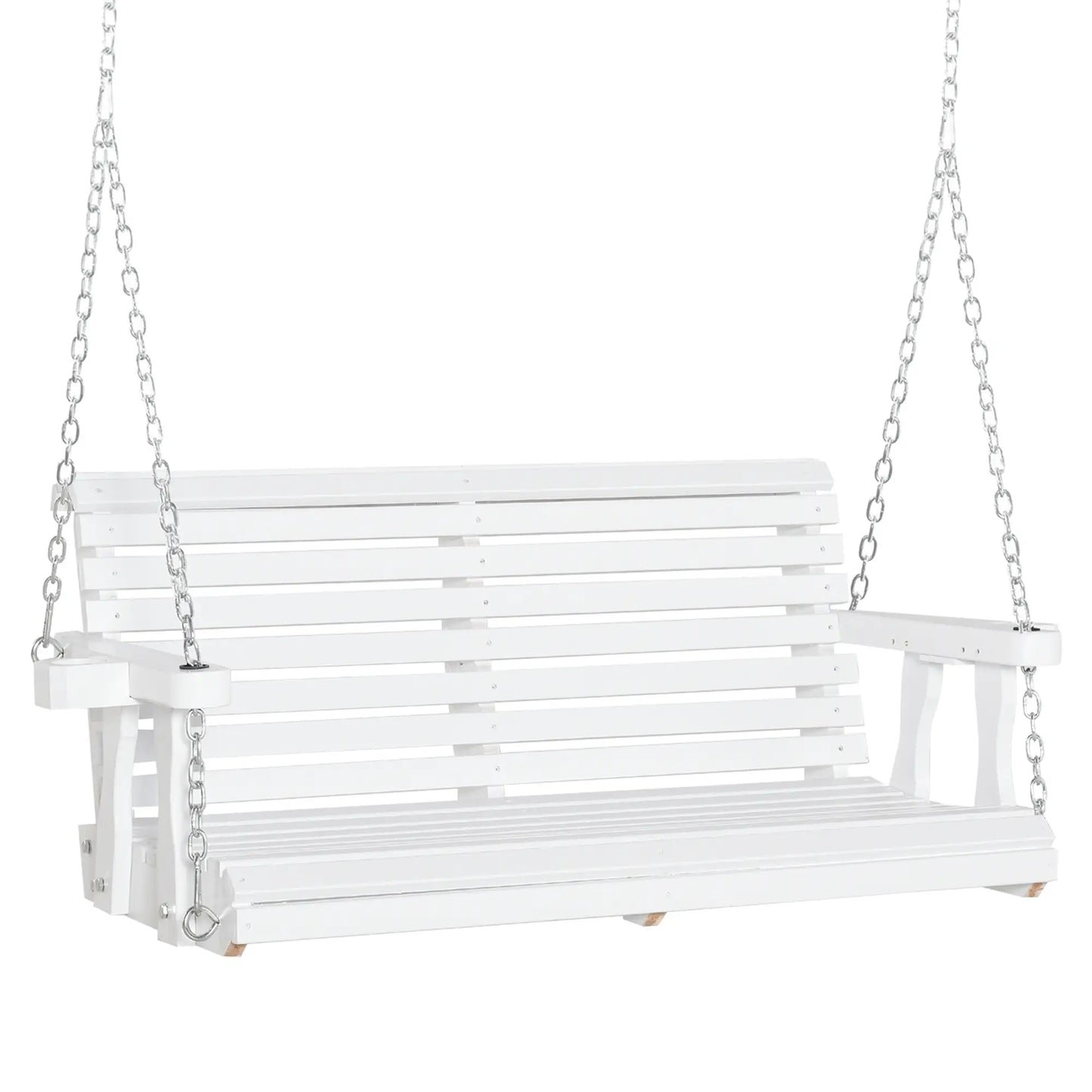 2 Seater Wooden Porch Swing, Outdoor Patio Chair with Cup Holder, White Hanging Porch Swings White at Gallery Canada