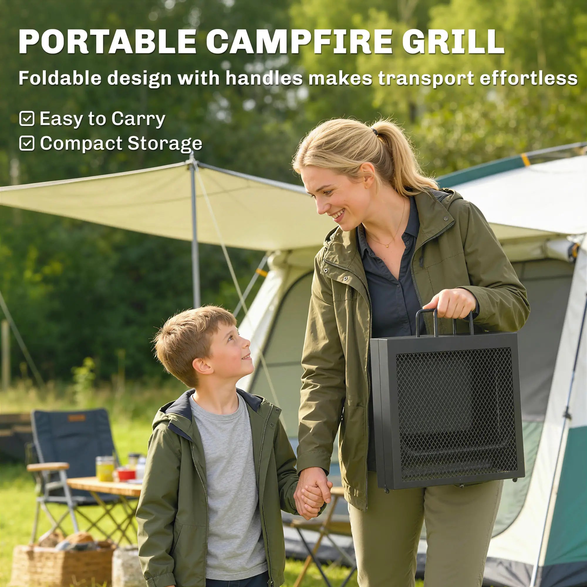 Folding Campfire Grill, Heavy Duty Steel Mesh Grate, Portable With Carry Bag, Black Charcoal BBQ Grils at Gallery Canada