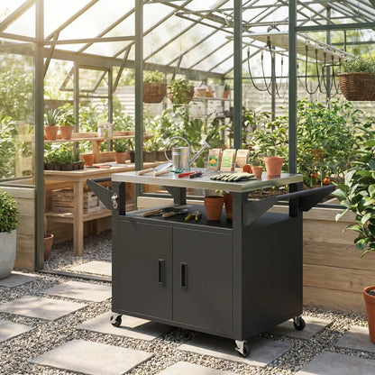 Outdoor Grill Cart, Stainless Steel Tabletop, 3-Shelf Pizza Oven Stand, Storage Cabinet, Wheels, Black Outdoor Grill Carts at Gallery Canada