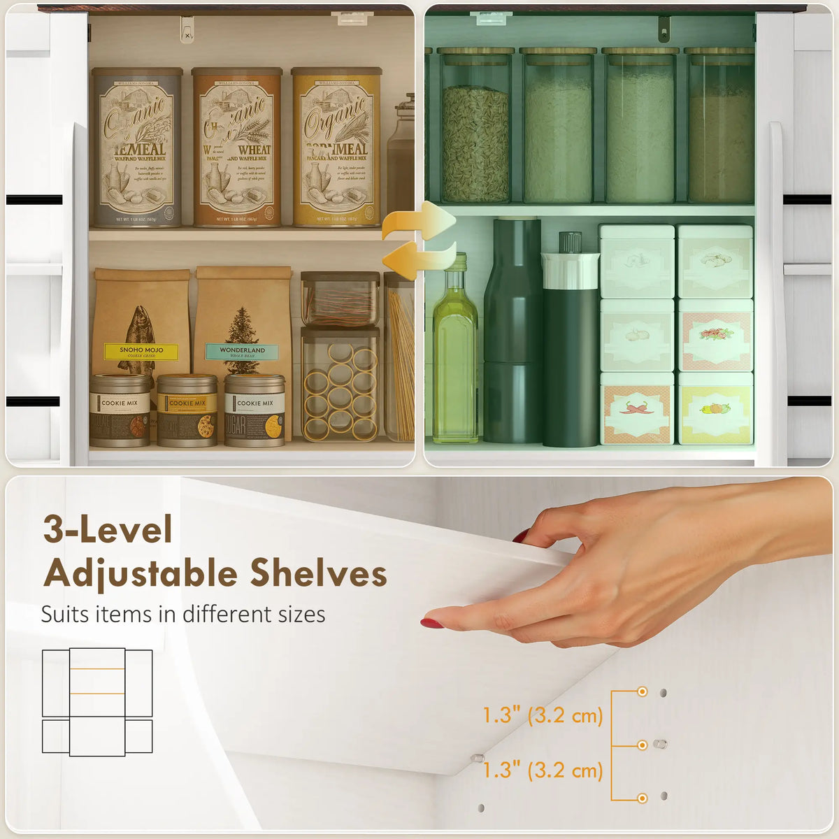 53.5 Inch Pantry Cabinet, Adjustable Shelves, 6 Door Spice Racks, White Kitchen Pantry Cabinets at Gallery Canada
