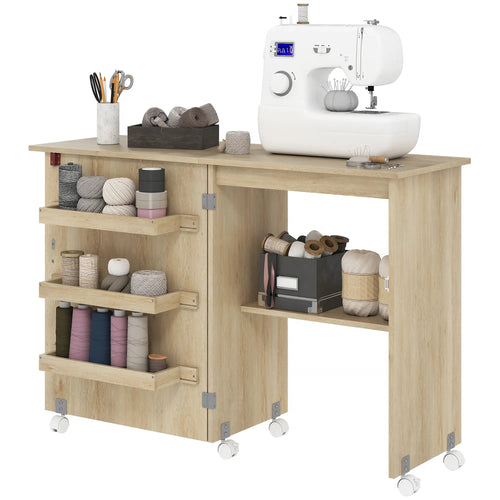 Sewing Machine Cabinet, Folding Table with Storage, Nature Wood