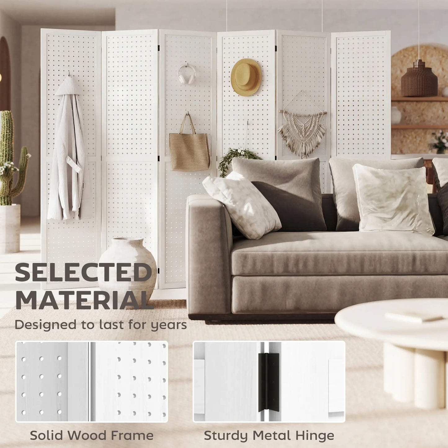 5.6 Ft. 6-Panel Room Divider, Pegboard Privacy Screen, White Room Dividers at Gallery Canada