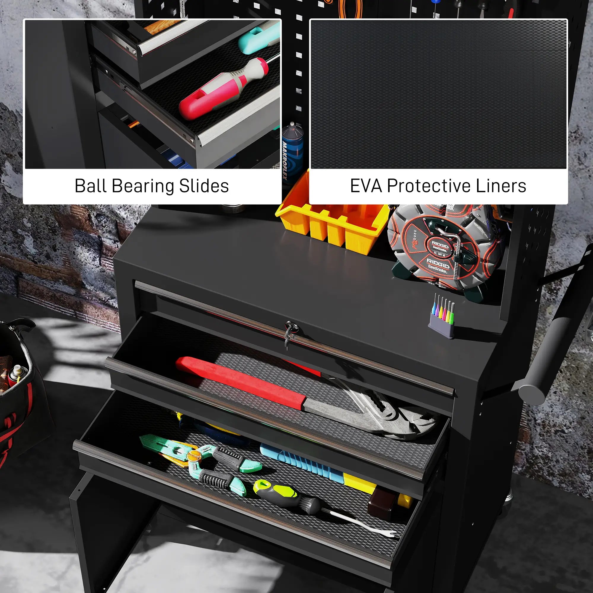 Rolling Tool Cabinet with Pegboard, Lockable Tool Chest, Mobile Tool Storage Organizer for Garage and Workshop, Black Tool Organizers at Gallery Canada