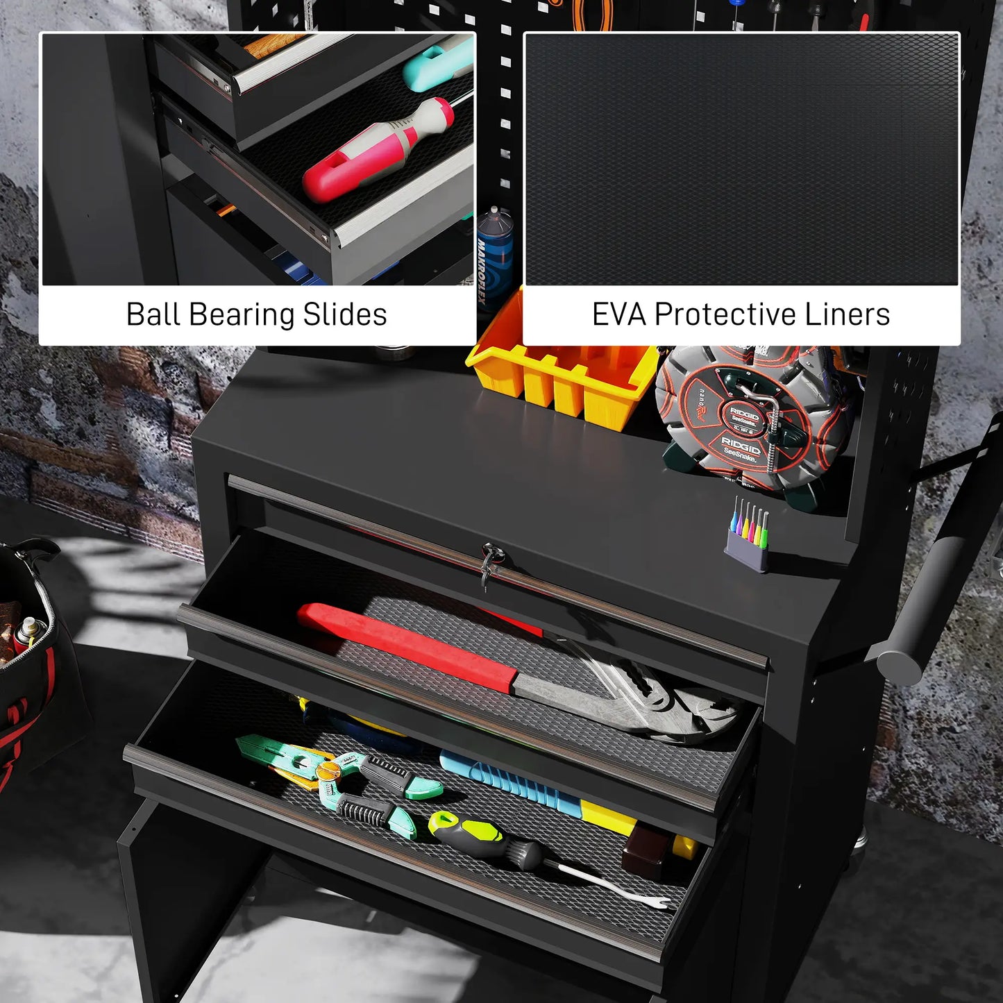 Rolling Tool Cabinet with Pegboard, Lockable Tool Chest, Mobile Tool Storage Organizer for Garage and Workshop, Black Tool Organizers at Gallery Canada