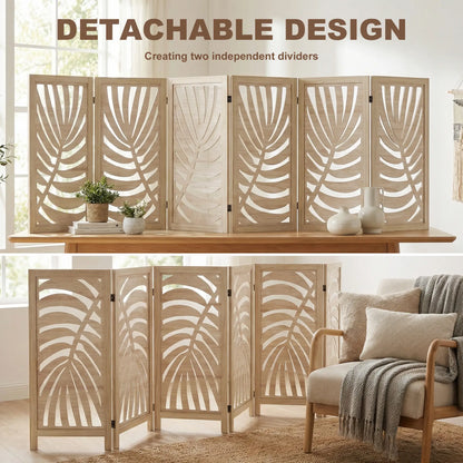 6 Panel Room Divider, Detachable Folding Privacy Screen, Palm Leaf Design, Natural Wood Room Dividers at Gallery Canada