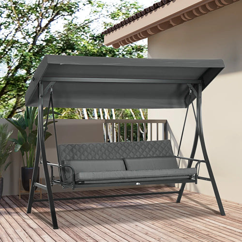 3 Person Porch Swing Bench, Adjustable Canopy, Cushions, Pillows, Dark Grey
