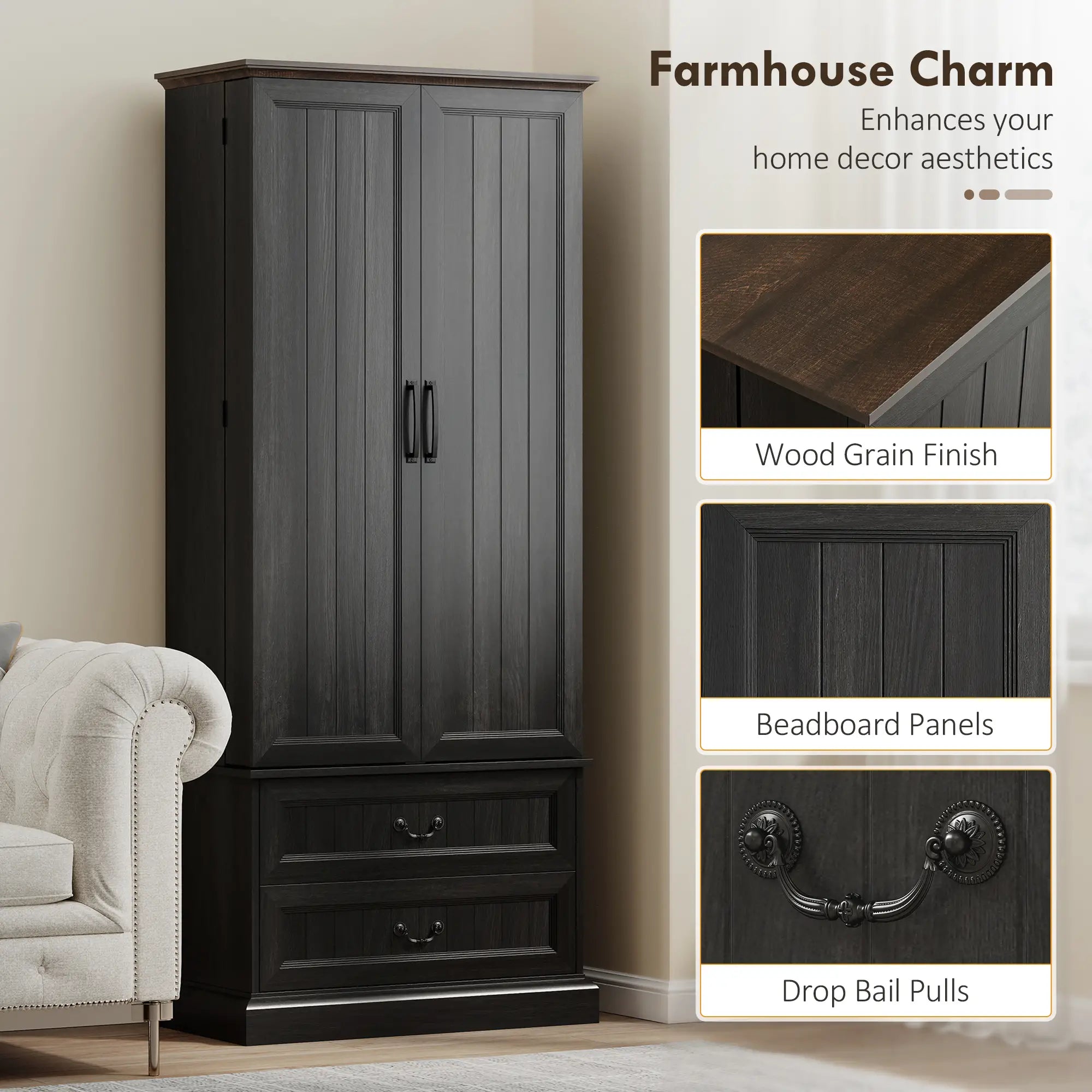 72 Inch LED Kitchen Pantry Cabinet, 10 Shelves, 2 Drawers, Black Kitchen Pantry Cabinets at Gallery Canada