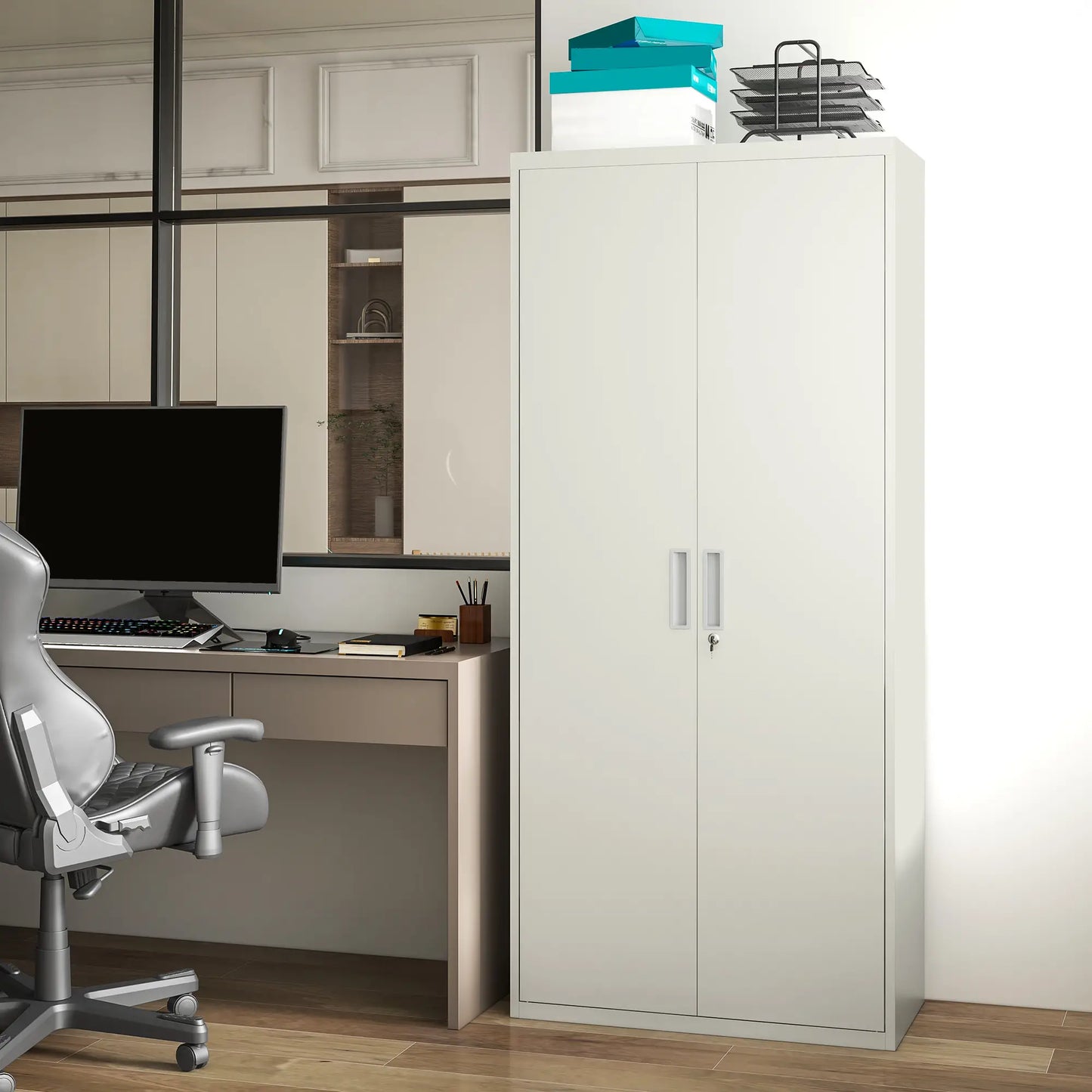 71" Tall Garage Cabinet, Metal Storage, 2 Doors, 4 Adjustable Shelves, White Office Cabinets & Cupboards at Gallery Canada