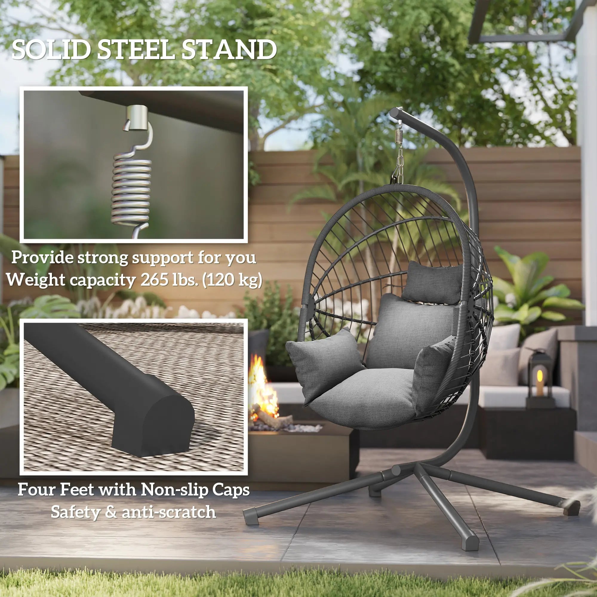Metal Hanging Egg Chair, Full Body Padded Seat, Grey Patio Swings with Stand at Gallery Canada