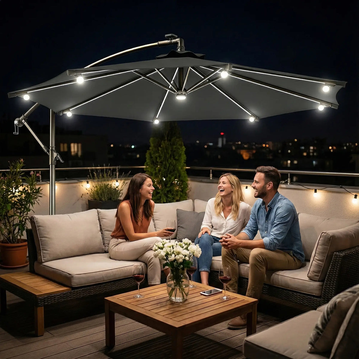 8.8FT Cantilever Patio Umbrella, Solar LED Lights, Crank Handle, Grey Offset Cantilever Umbrellas at Gallery Canada