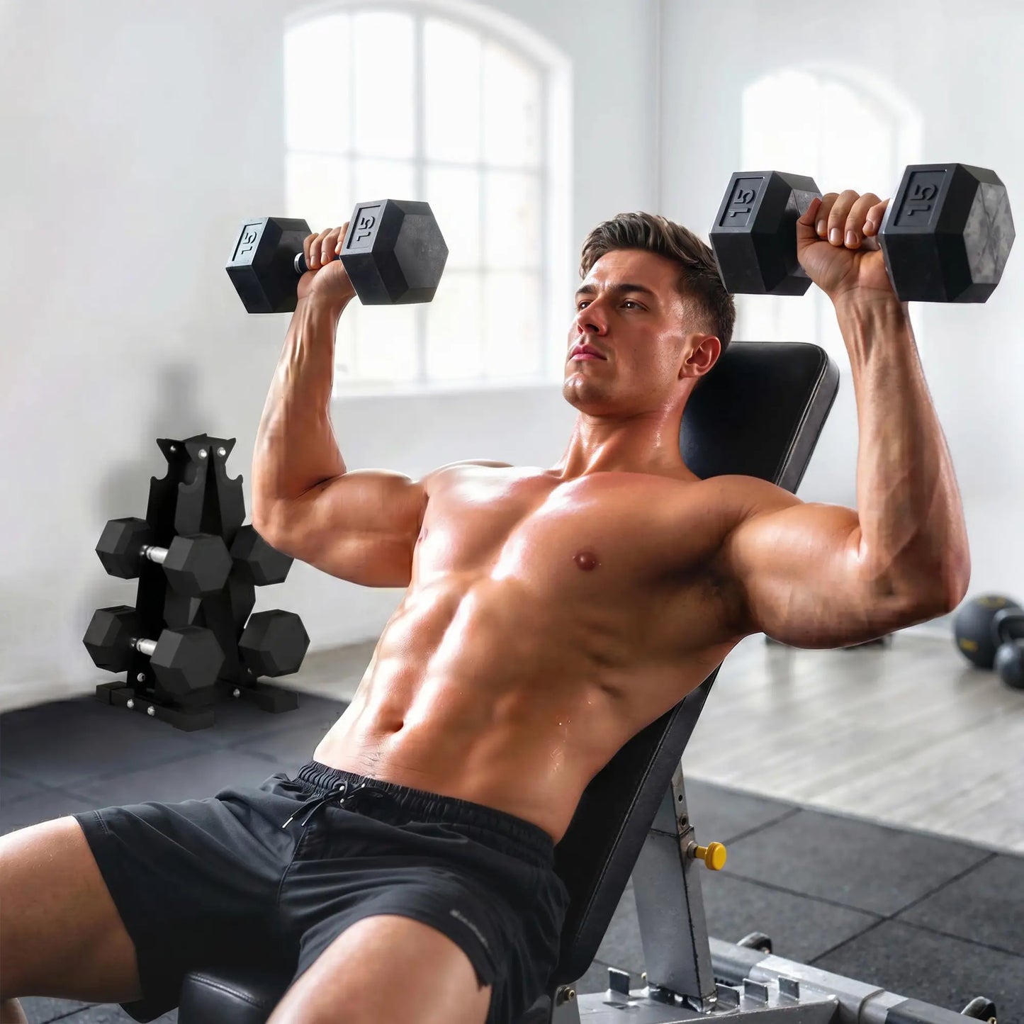 120Lbs Rubber Coated Hex Dumbbell Set With Vertical Rack, Rubber Dumbbells & Barbells at Gallery Canada
